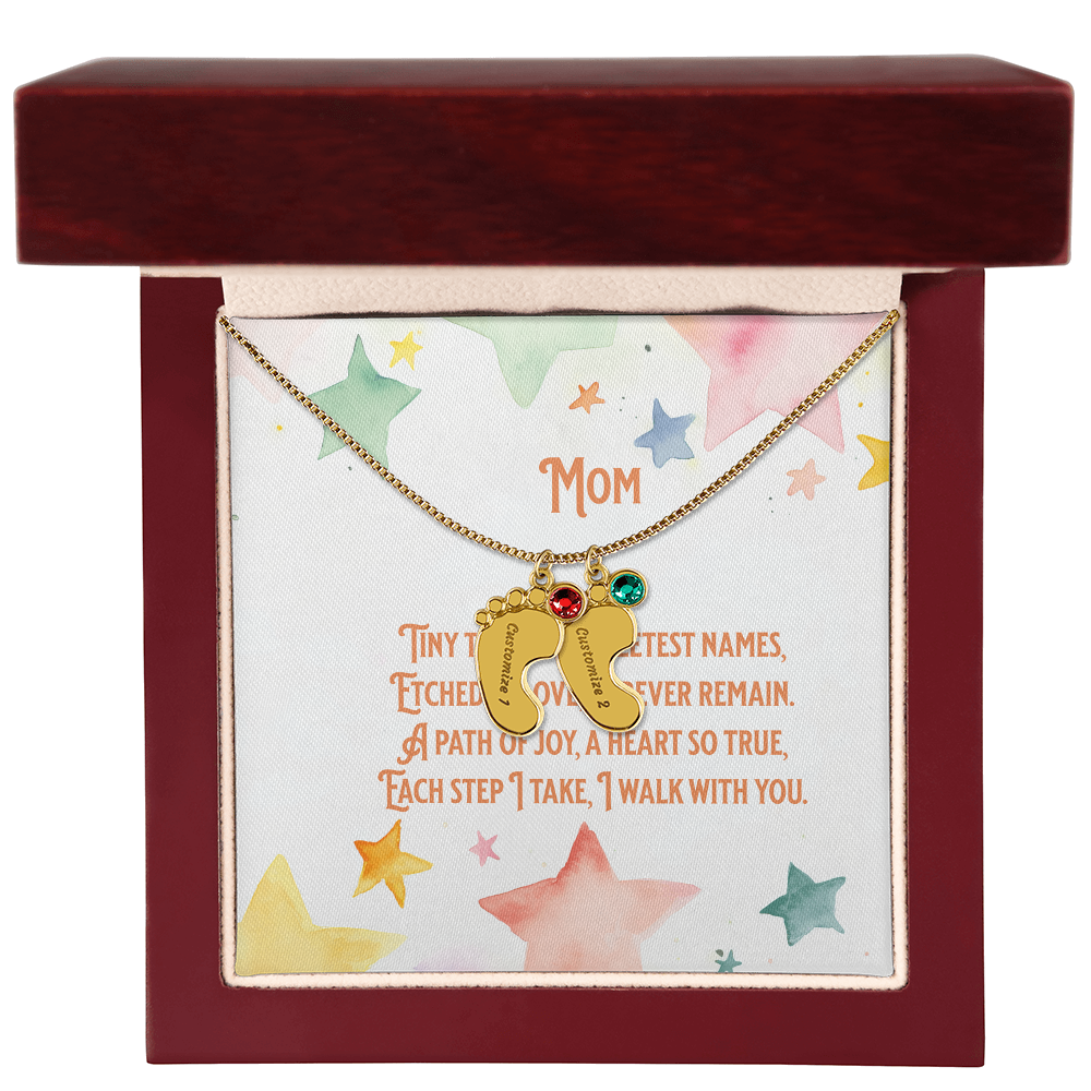 💖 Personalized Baby Feet Necklace – Custom Engraved with Child’s Name & Birthstone | Touching Poem Gift for Mom or Grandma