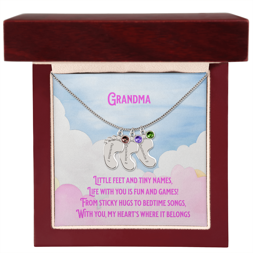 💖 Engraved Grandchildren Name Necklace – Custom Baby Feet Jewelry with Birthstones & Poem | Gift for Grandma