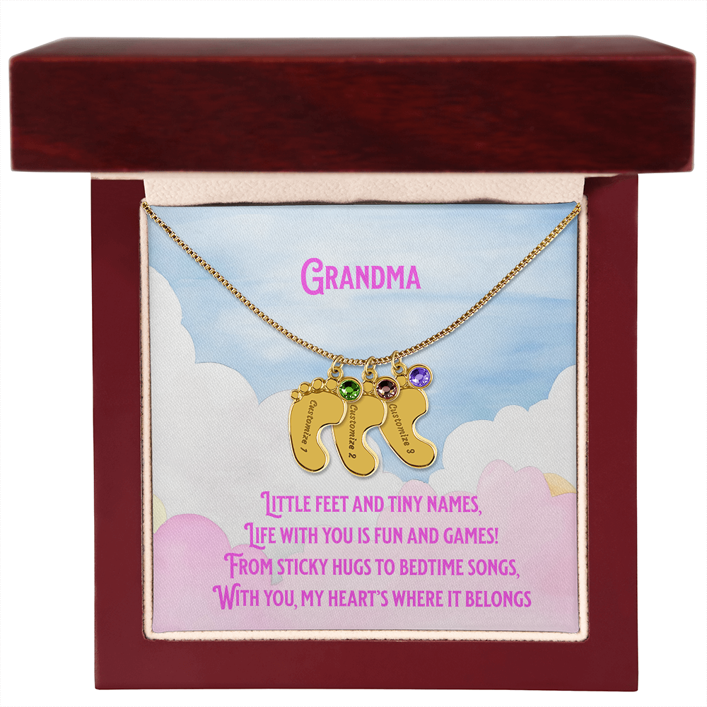 💖 Engraved Grandchildren Name Necklace – Custom Baby Feet Jewelry with Birthstones & Poem | Gift for Grandma