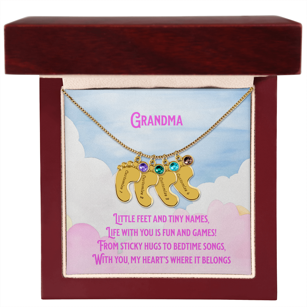 💖 Engraved Grandchildren Name Necklace – Custom Baby Feet Jewelry with Birthstones & Poem | Gift for Grandma