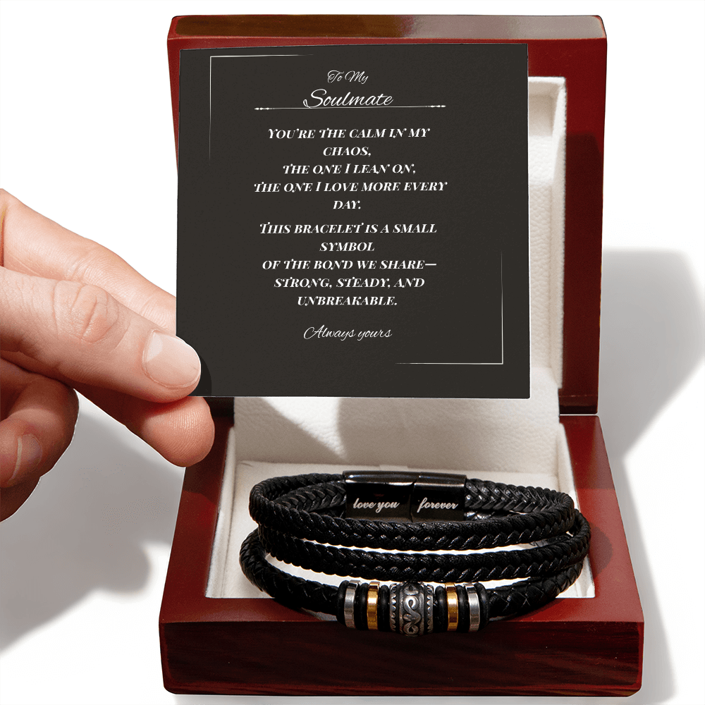 To My Soulmate – Men's Leather Bracelet with Gift Message | Romantic Gift for Him