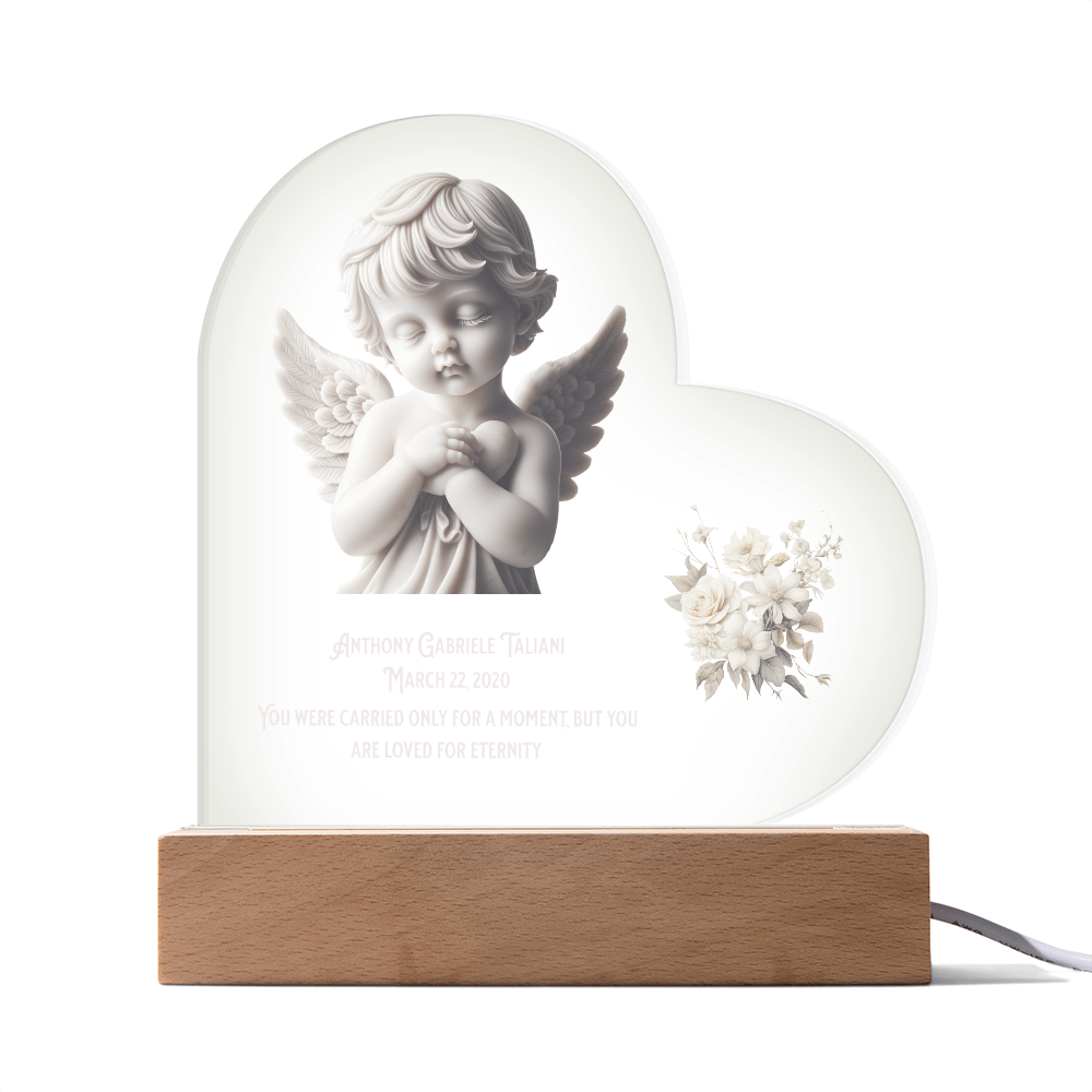 👼 Angel Baby Memorial – Personalized Heart-Shaped Acrylic Plaque with Cherub Art & LED Light | “Loved for Eternity” Keepsake
