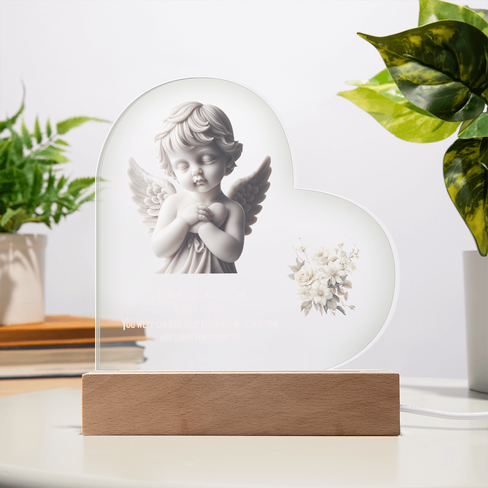 👼 Angel Baby Memorial – Personalized Heart-Shaped Acrylic Plaque with Cherub Art & LED Light | “Loved for Eternity” Keepsake