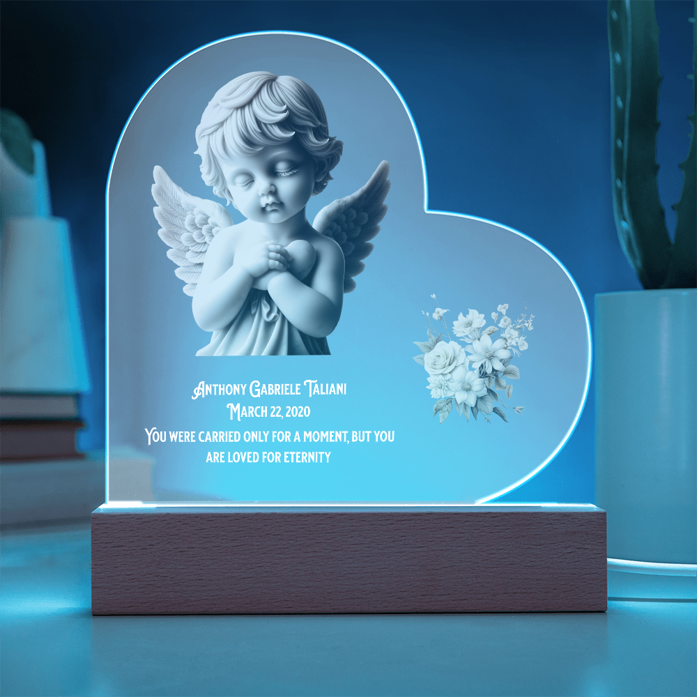 👼 Angel Baby Memorial – Personalized Heart-Shaped Acrylic Plaque with Cherub Art & LED Light | “Loved for Eternity” Keepsake