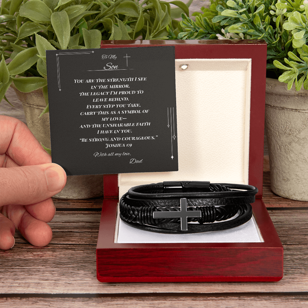 To My Son – Faith & Legacy Cross Bracelet from Dad | Inspirational Gift with Joshua 1:9