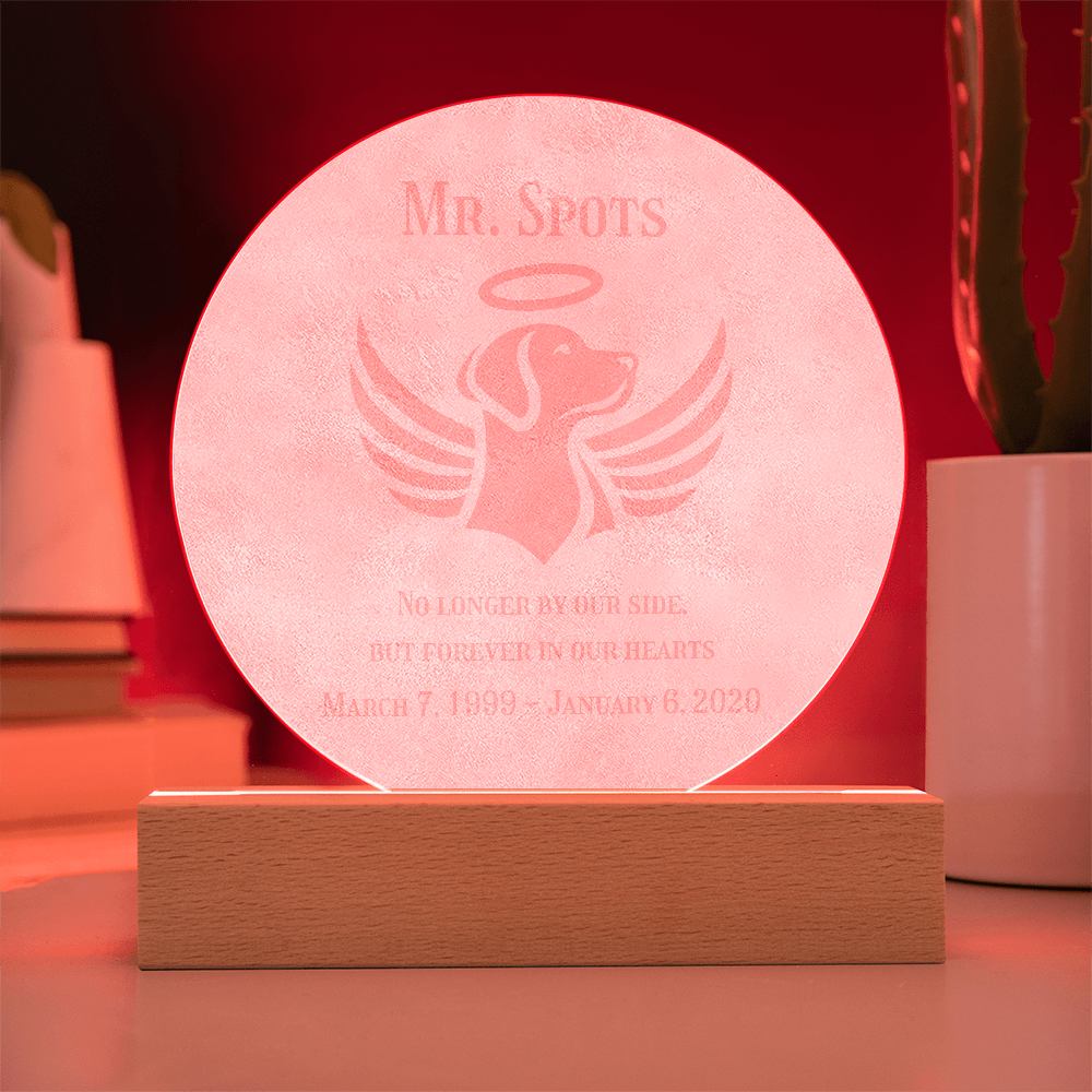 🐾 Engraved Acrylic Dog Memorial – “No Longer By Our Side” LED Keepsake Plaque