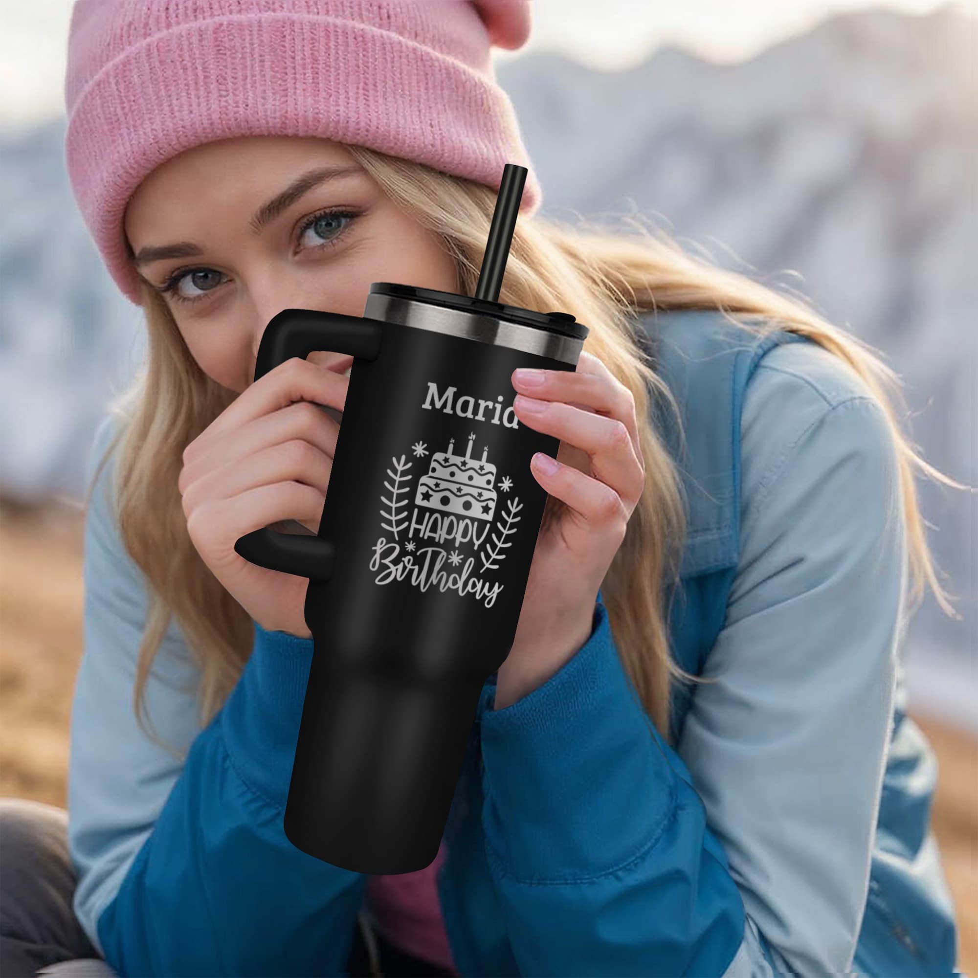 Personalized Birthday 40 oz Tumbler with Handle – Custom Name Engraved Gift for Her or Him