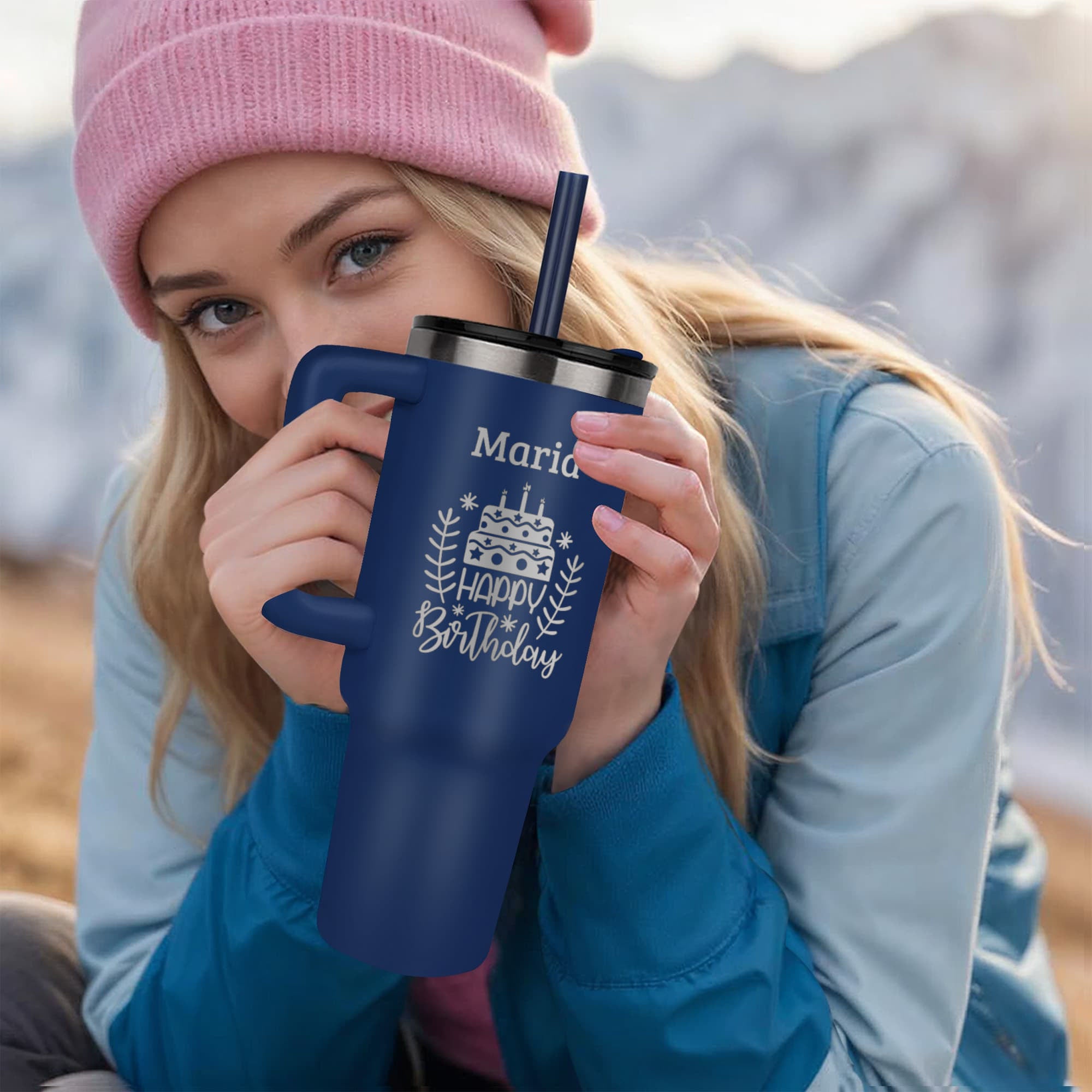Personalized Birthday 40 oz Tumbler with Handle – Custom Name Engraved Gift for Her or Him