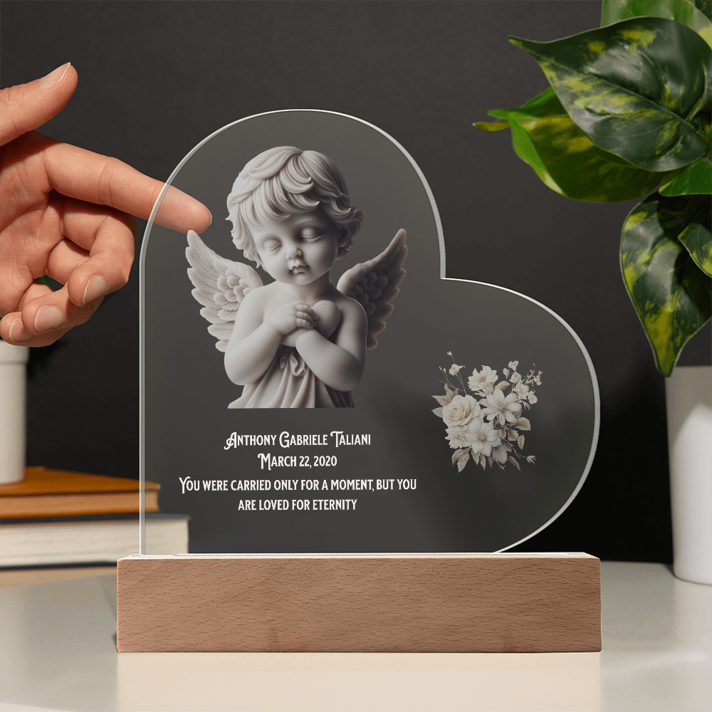 👼 Angel Baby Memorial – Personalized Heart-Shaped Acrylic Plaque with Cherub Art & LED Light | “Loved for Eternity” Keepsake