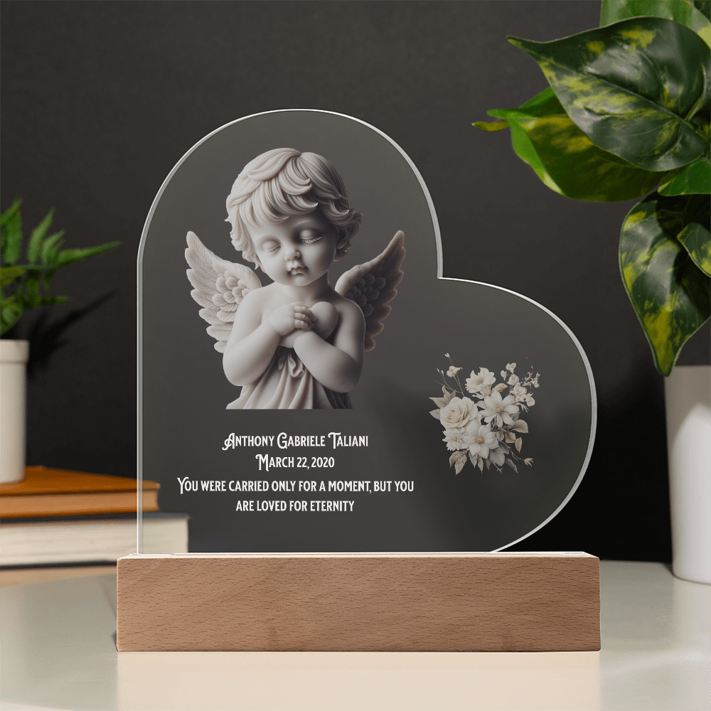 👼 Angel Baby Memorial – Personalized Heart-Shaped Acrylic Plaque with Cherub Art & LED Light | “Loved for Eternity” Keepsake