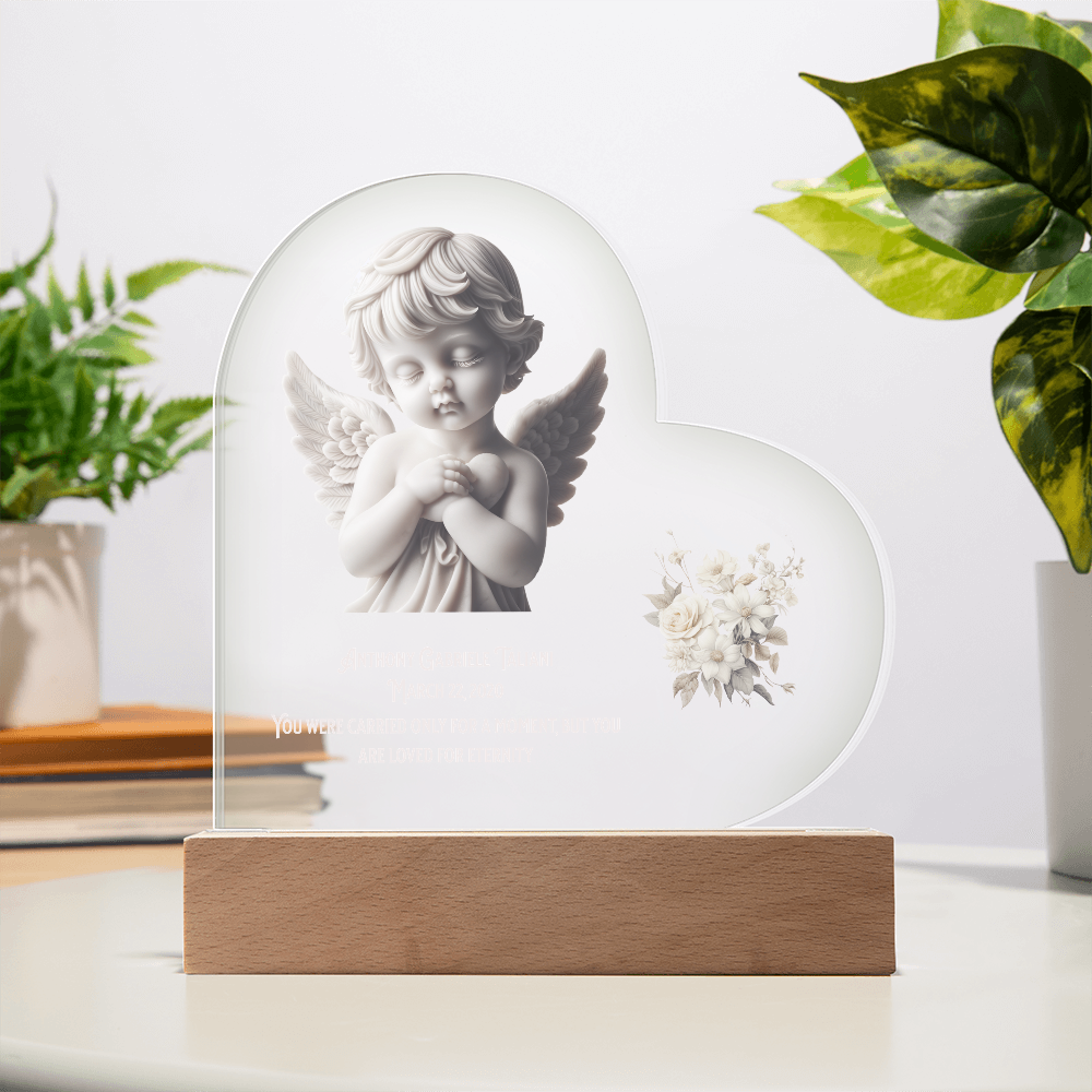 👼 Angel Baby Memorial – Personalized Heart-Shaped Acrylic Plaque with Cherub Art & LED Light | “Loved for Eternity” Keepsake