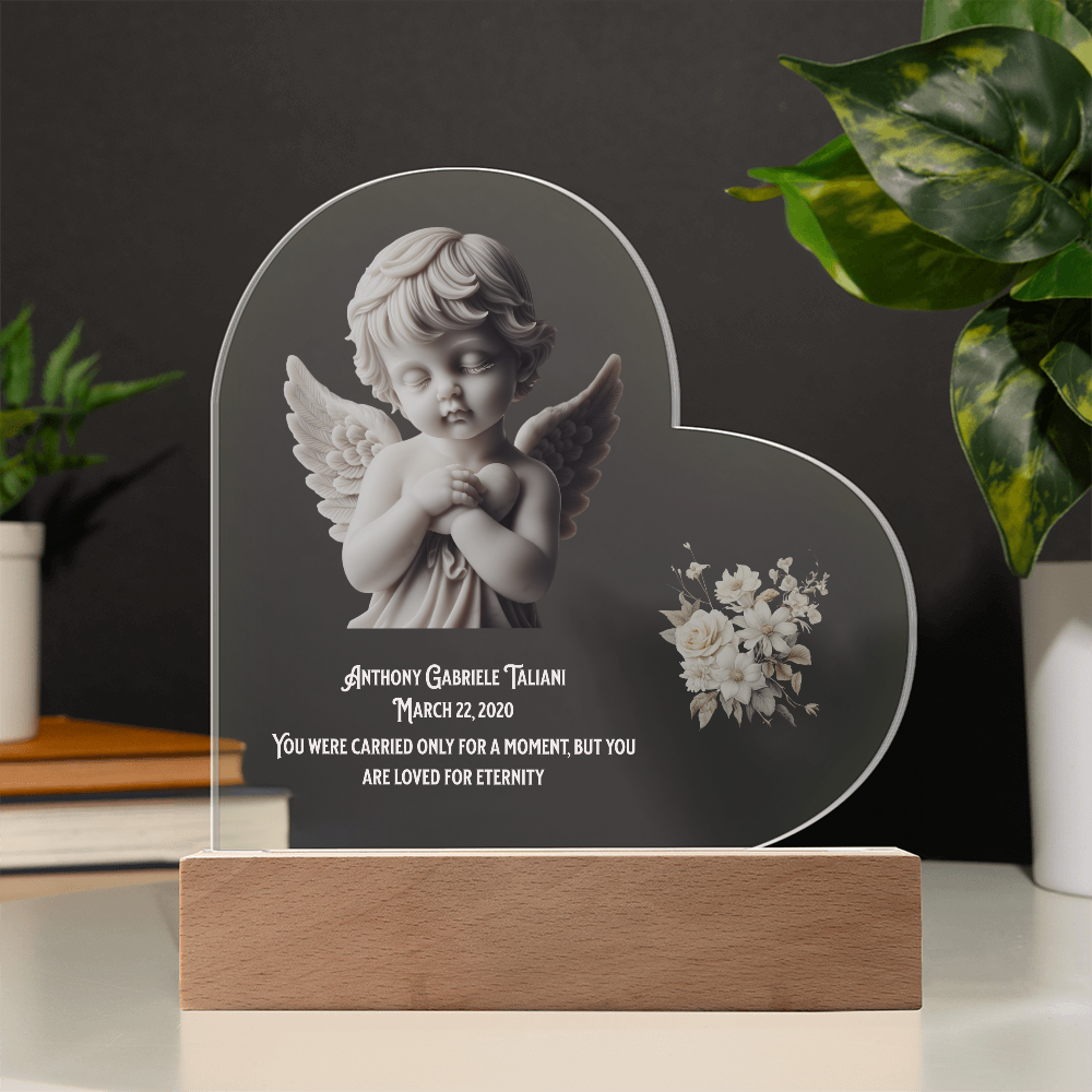 👼 Angel Baby Memorial – Personalized Heart-Shaped Acrylic Plaque with Cherub Art & LED Light | “Loved for Eternity” Keepsake