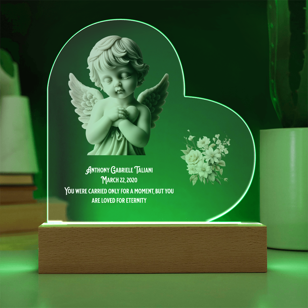 👼 Angel Baby Memorial – Personalized Heart-Shaped Acrylic Plaque with Cherub Art & LED Light | “Loved for Eternity” Keepsake