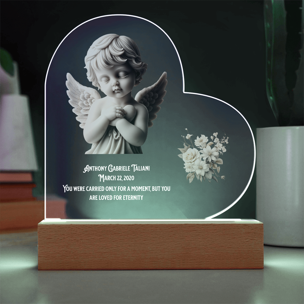 👼 Angel Baby Memorial – Personalized Heart-Shaped Acrylic Plaque with Cherub Art & LED Light | “Loved for Eternity” Keepsake