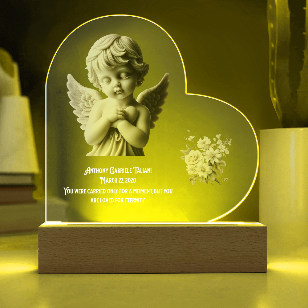 👼 Angel Baby Memorial – Personalized Heart-Shaped Acrylic Plaque with Cherub Art & LED Light | “Loved for Eternity” Keepsake