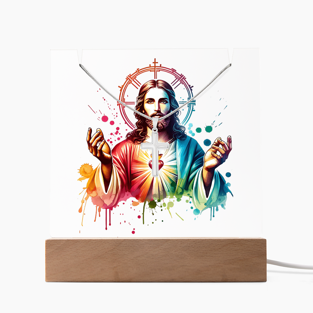 ✝️ Sacred Heart of Jesus Acrylic Lamp & Cross Necklace Bundle | Inspirational Faith Keepsake Gift