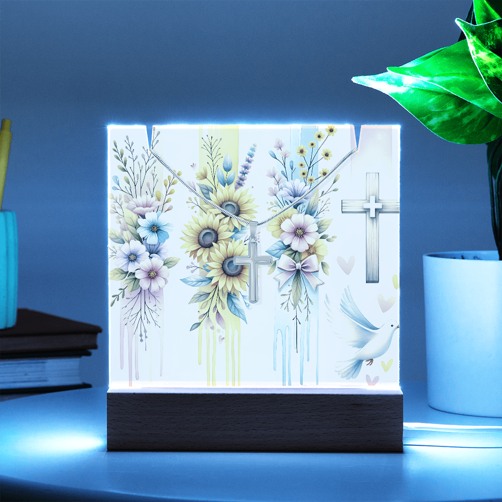 🕊️ Keepsake Dove & Cross Acrylic Art + Stainless Steel Cross Necklace | Faith-Inspired Gift Bundle