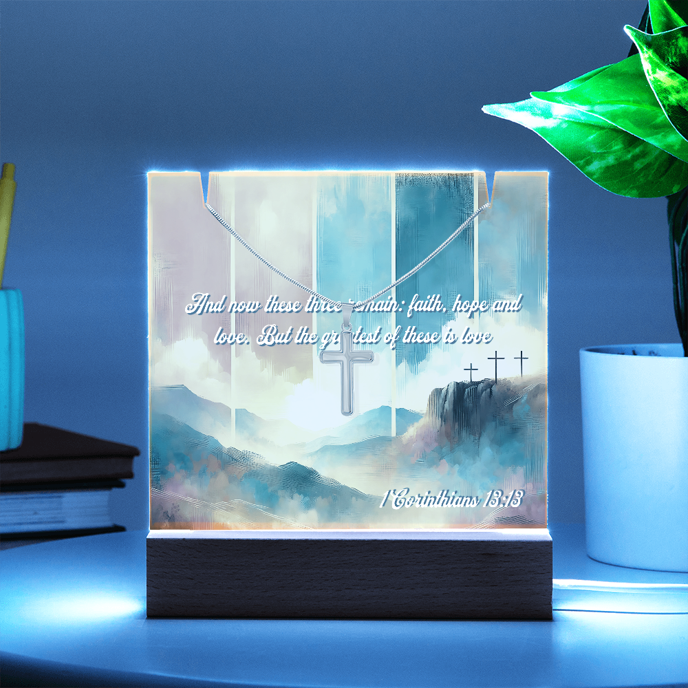 💖 Corinthians 13:13 Acrylic Artwork & Cross Necklace Gift Set | “Faith, Hope & Love” Inspirational Keepsake