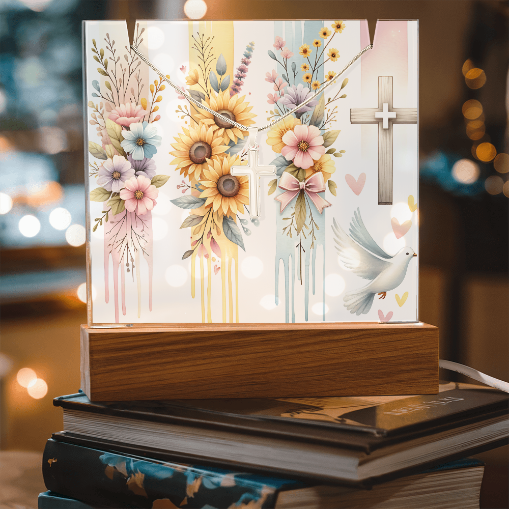 🕊️ Keepsake Dove & Cross Acrylic Art + Stainless Steel Cross Necklace | Faith-Inspired Gift Bundle