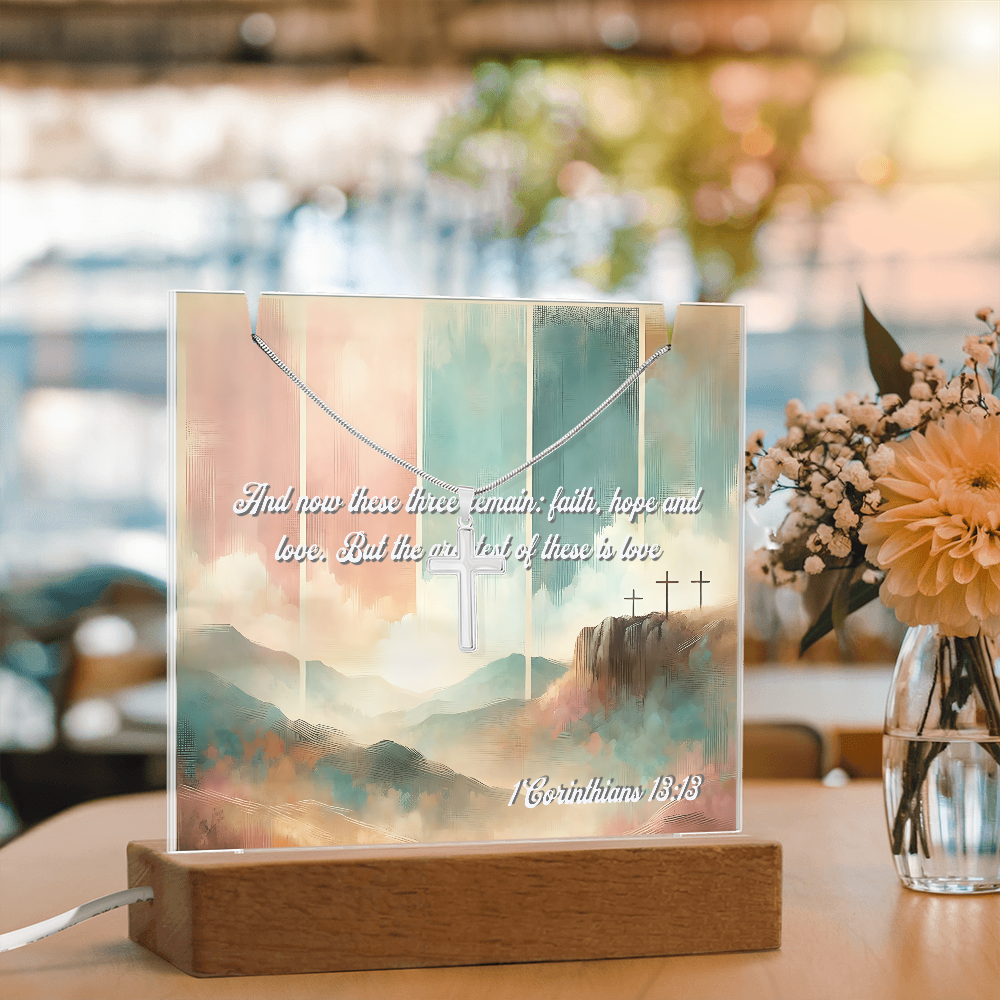 💖 Corinthians 13:13 Acrylic Artwork & Cross Necklace Gift Set | “Faith, Hope & Love” Inspirational Keepsake