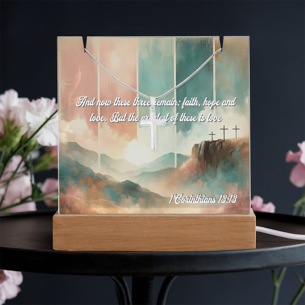 💖 Corinthians 13:13 Acrylic Artwork & Cross Necklace Gift Set | “Faith, Hope & Love” Inspirational Keepsake