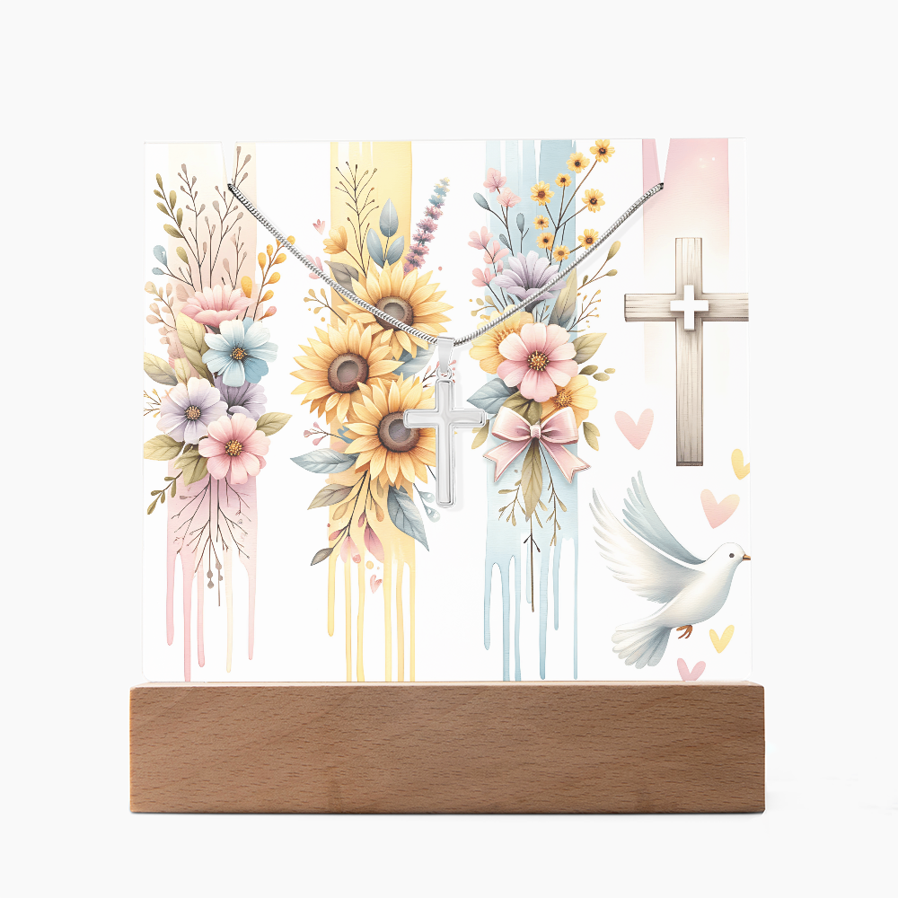 🕊️ Keepsake Dove & Cross Acrylic Art + Stainless Steel Cross Necklace | Faith-Inspired Gift Bundle