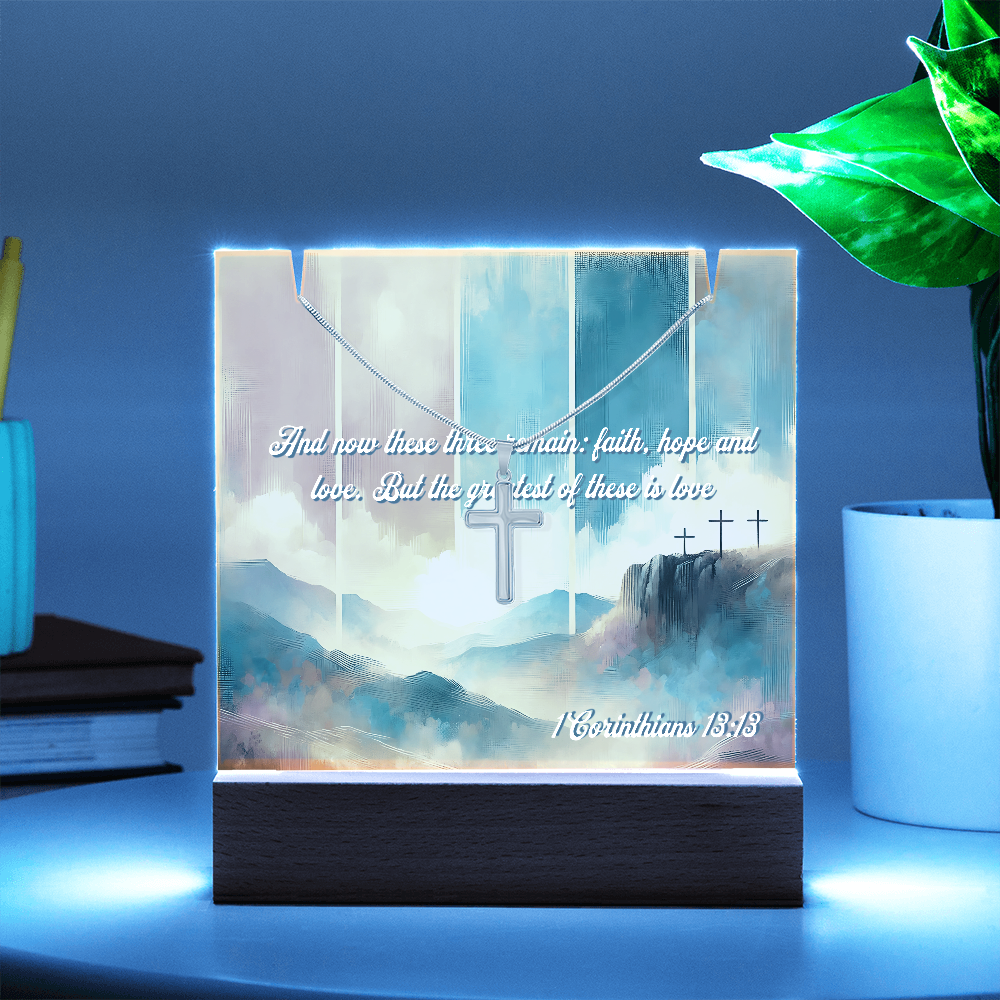 💖 Corinthians 13:13 Acrylic Artwork & Cross Necklace Gift Set | “Faith, Hope & Love” Inspirational Keepsake
