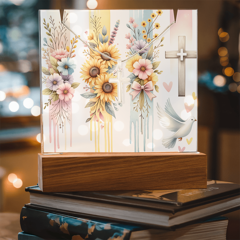 🕊️ Keepsake Dove & Cross Acrylic Art + Stainless Steel Cross Necklace | Faith-Inspired Gift Bundle