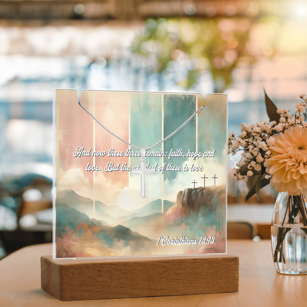 💖 Corinthians 13:13 Acrylic Artwork & Cross Necklace Gift Set | “Faith, Hope & Love” Inspirational Keepsake