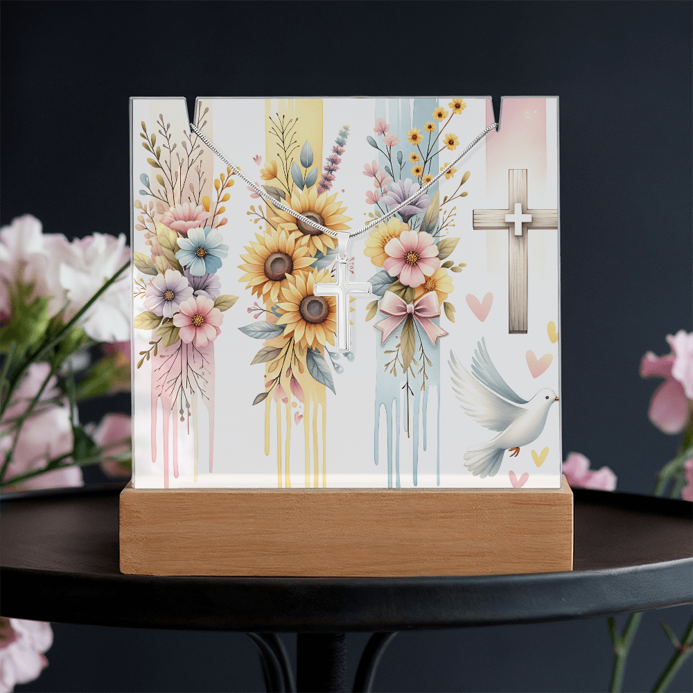 🕊️ Keepsake Dove & Cross Acrylic Art + Stainless Steel Cross Necklace | Faith-Inspired Gift Bundle