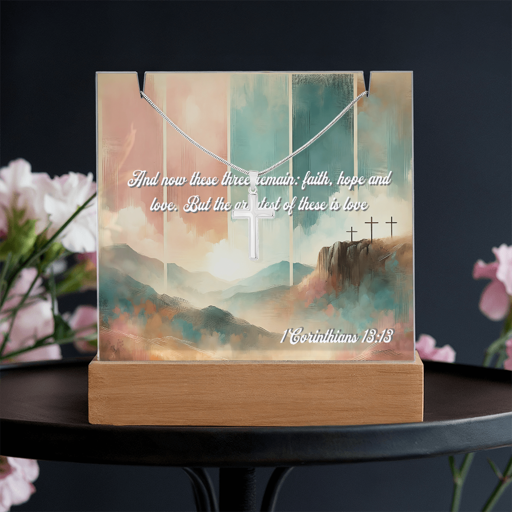 💖 Corinthians 13:13 Acrylic Artwork & Cross Necklace Gift Set | “Faith, Hope & Love” Inspirational Keepsake