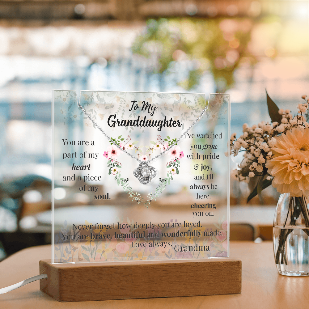 To My Granddaughter – Lighted Acrylic Gift & Love Knot Necklace Bundle | Sentimental Keepsake from Grandma