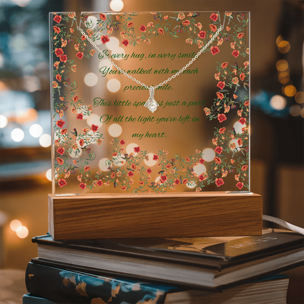 Impressive Hummingbird Vine Chinoiserie Acrylic Plaque with Touching Poem & Sparkling Necklace - Gift for Her