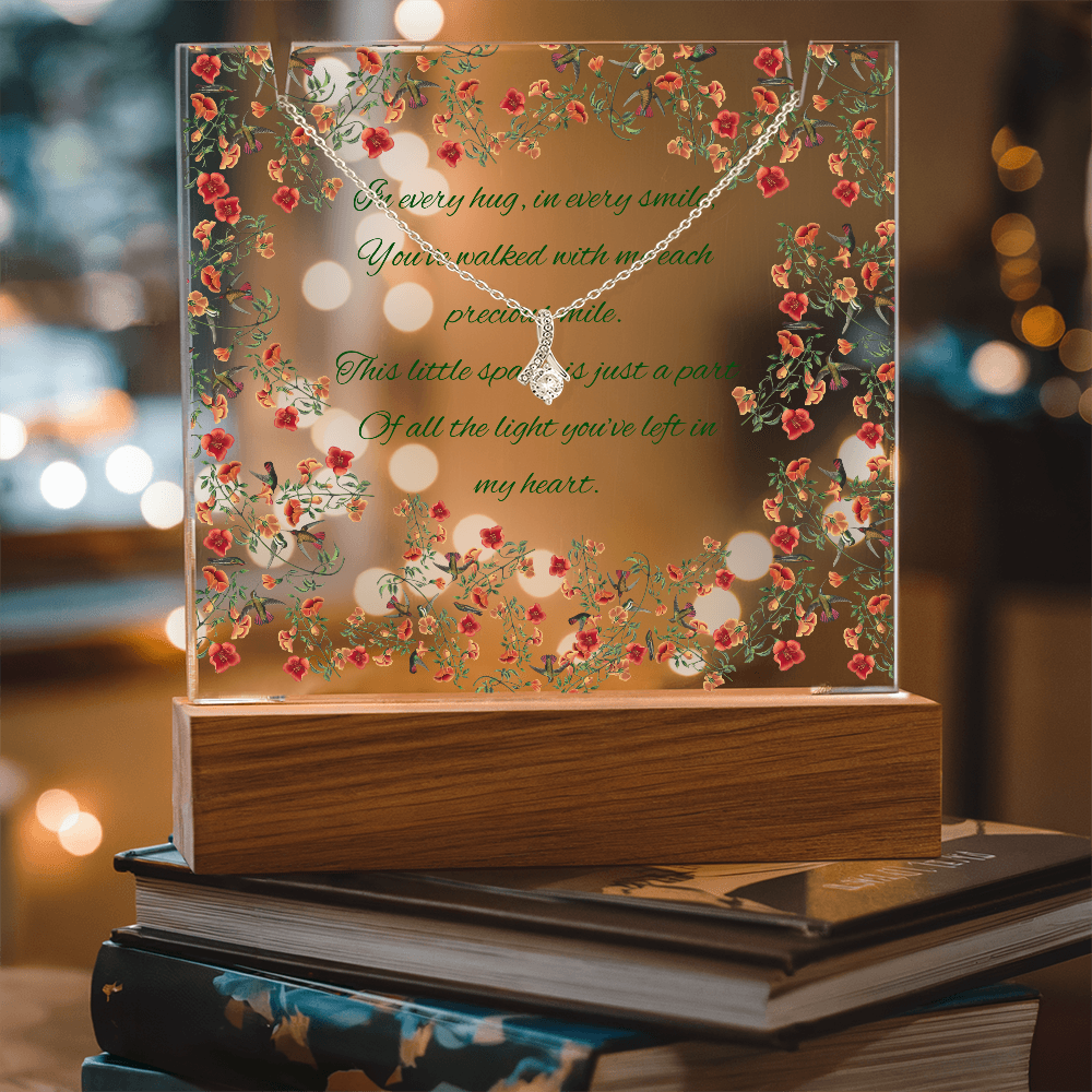 Impressive Hummingbird Vine Chinoiserie Acrylic Plaque with Touching Poem & Sparkling Necklace - Gift for Her