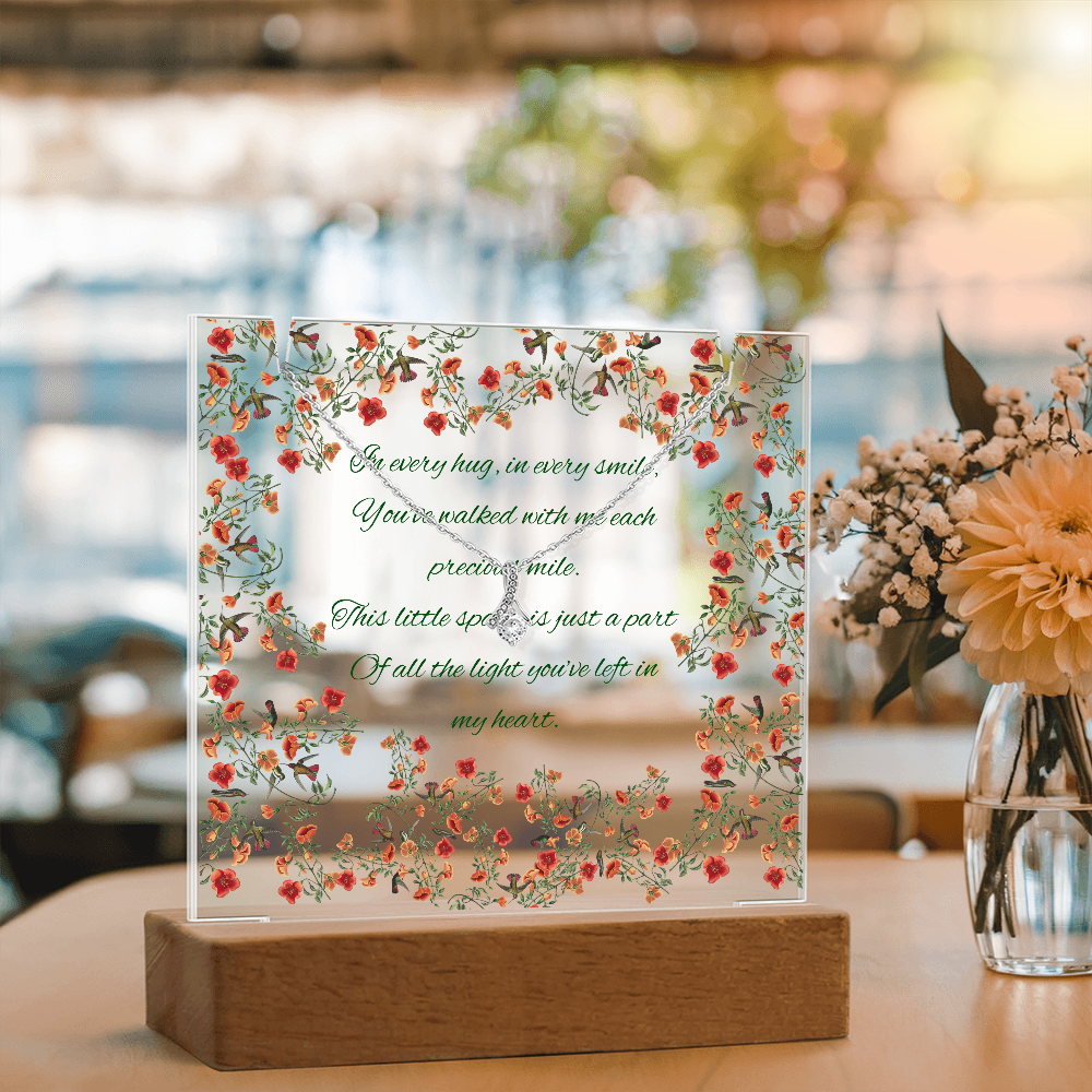 Impressive Hummingbird Vine Chinoiserie Acrylic Plaque with Touching Poem & Sparkling Necklace - Gift for Her