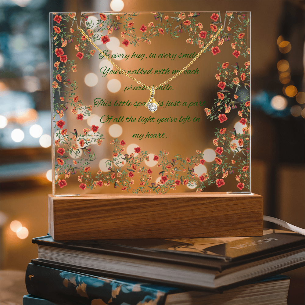 Impressive Hummingbird Vine Chinoiserie Acrylic Plaque with Touching Poem & Sparkling Necklace - Gift for Her