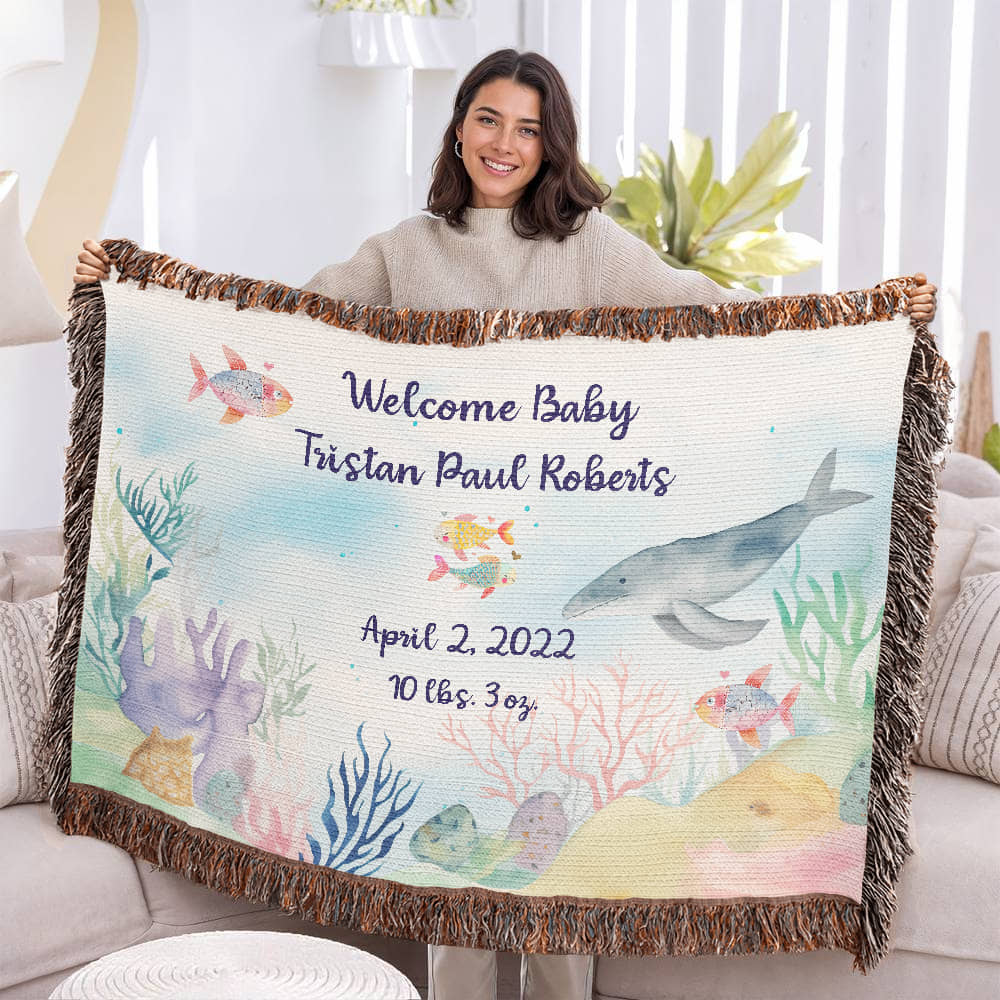🧜♀️ Under the Sea New Baby Announcement Blanket – Personalized Woven Gift for New Parents