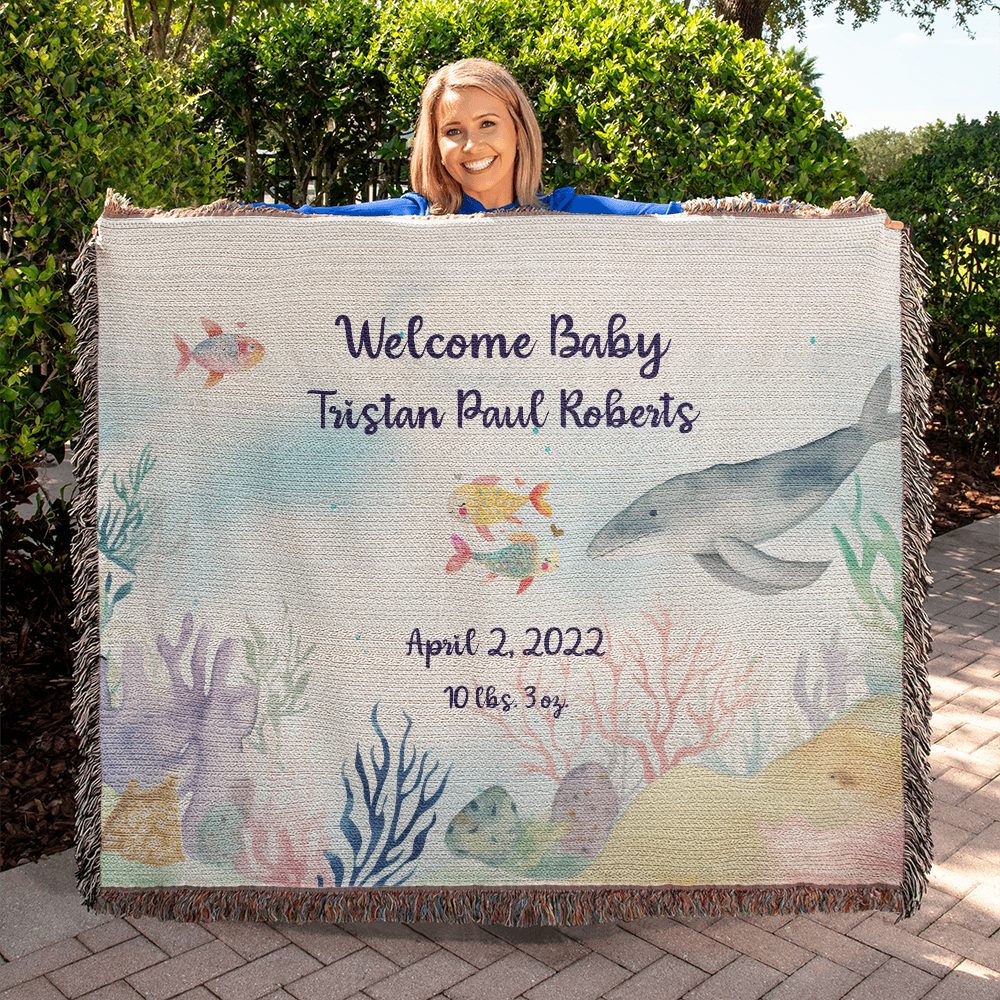 🧜♀️ Under the Sea New Baby Announcement Blanket – Personalized Woven Gift for New Parents