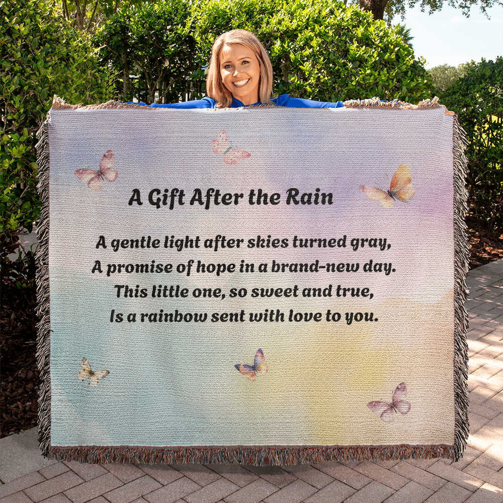 Rainbow Baby Woven Blanket – “A Gift After the Rain” Heirloom Cotton Throw for New Parents
