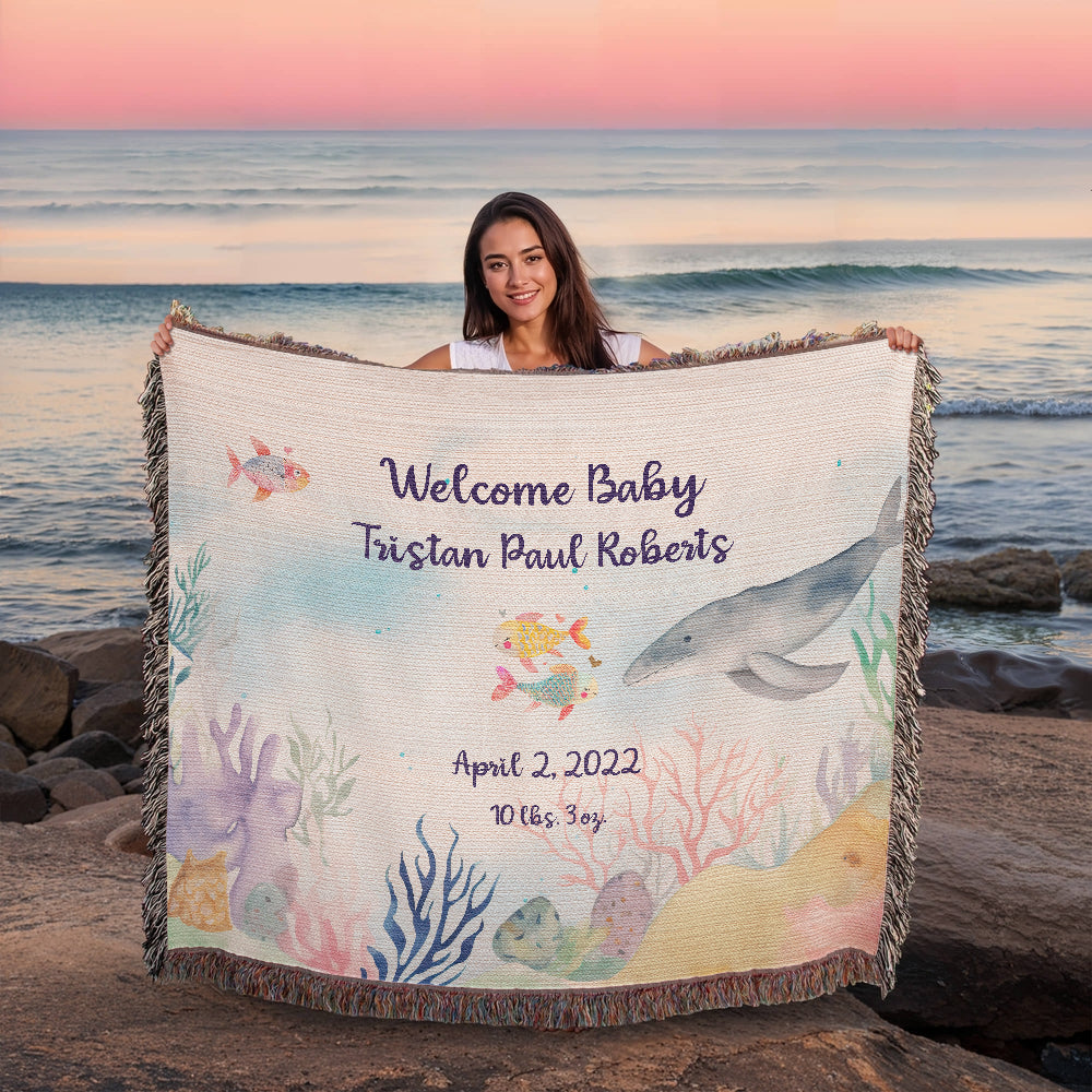 🧜♀️ Under the Sea New Baby Announcement Blanket – Personalized Woven Gift for New Parents