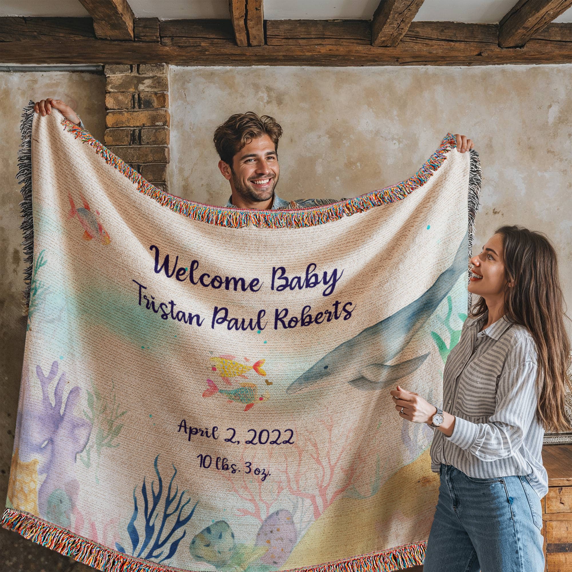 🧜♀️ Under the Sea New Baby Announcement Blanket – Personalized Woven Gift for New Parents