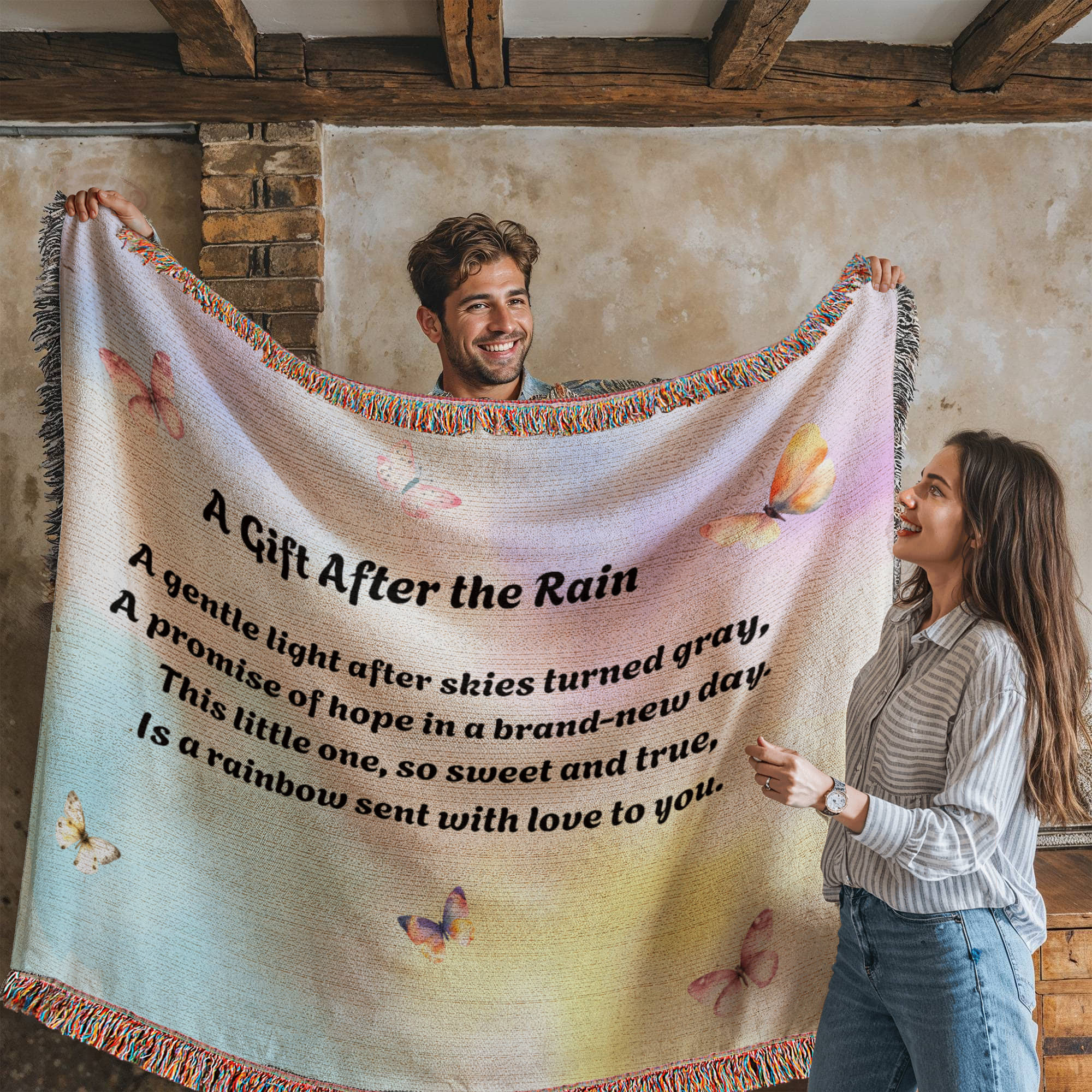 Rainbow Baby Woven Blanket – “A Gift After the Rain” Heirloom Cotton Throw for New Parents