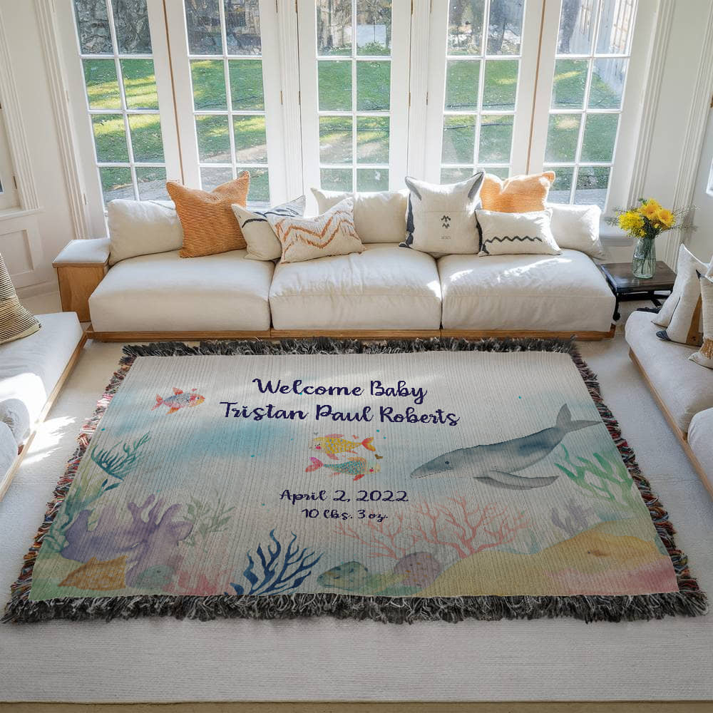🧜♀️ Under the Sea New Baby Announcement Blanket – Personalized Woven Gift for New Parents