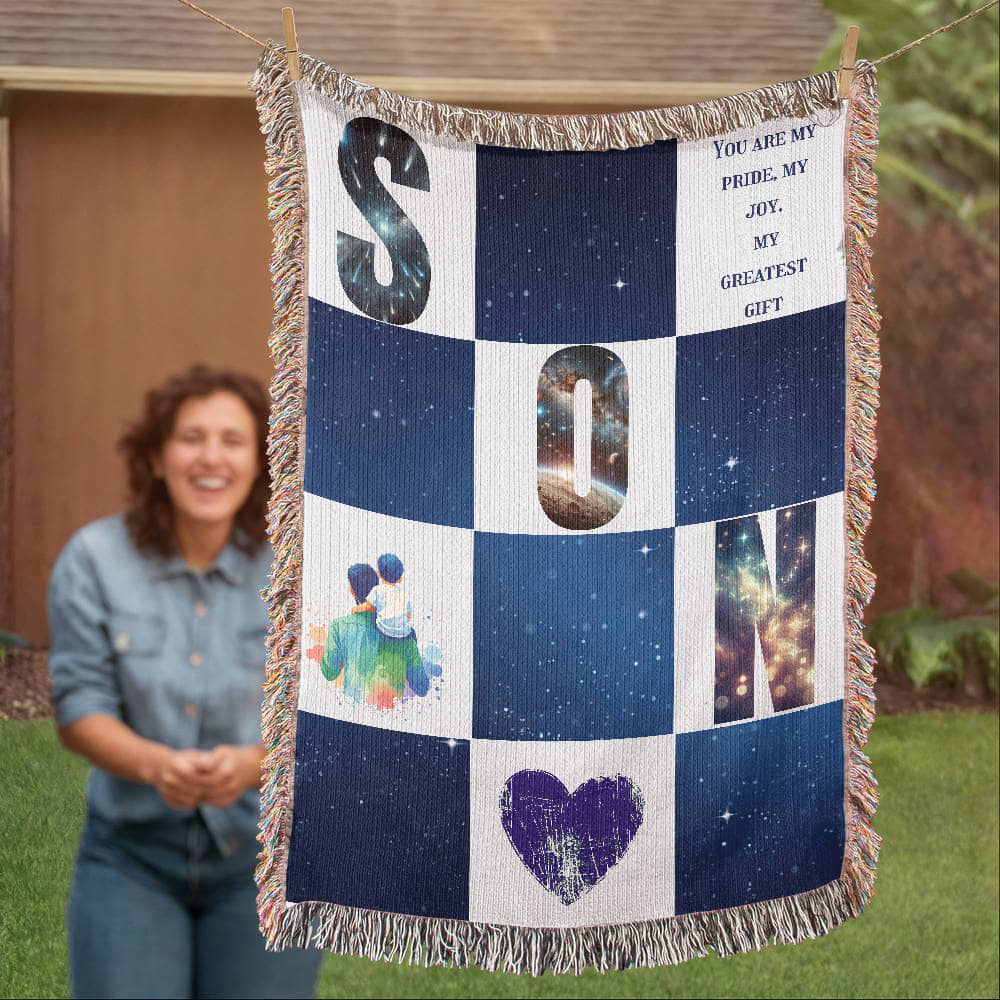 🌌 To My Son – Celestial Heirloom Woven Blanket | Personalized 100% Cotton Gift