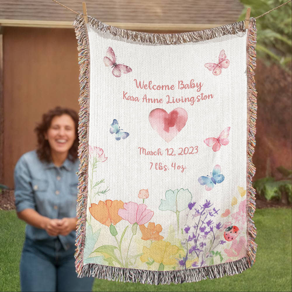 🦋 Personalized New Baby Woven Blanket – Butterfly & Floral Heirloom Gift | Add Name, Birthdate & Weight