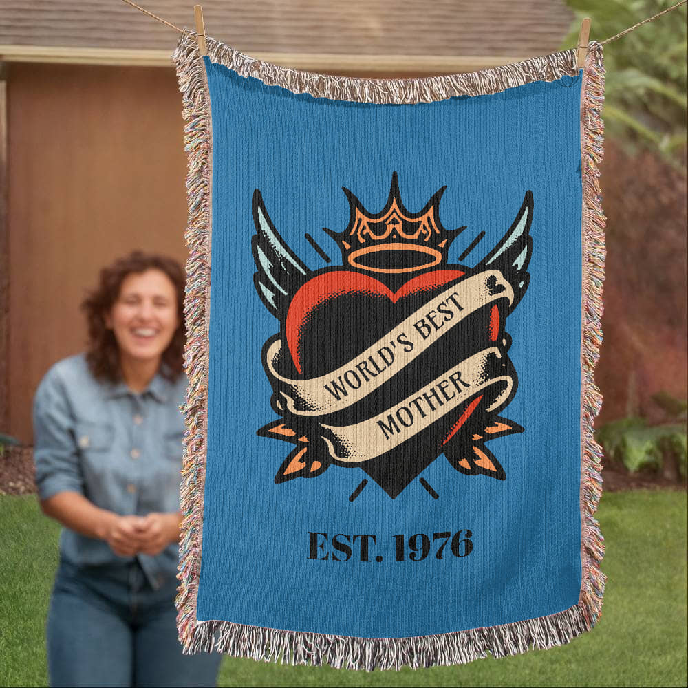 Custom Tattoo-Style Mother’s Day Blanket – “World’s Best Mother” Woven Throw with EST Year