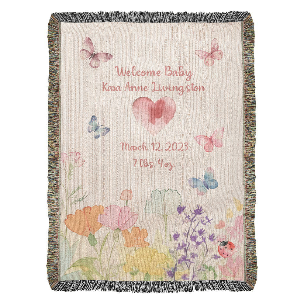 🦋 Personalized New Baby Woven Blanket – Butterfly & Floral Heirloom Gift | Add Name, Birthdate & Weight