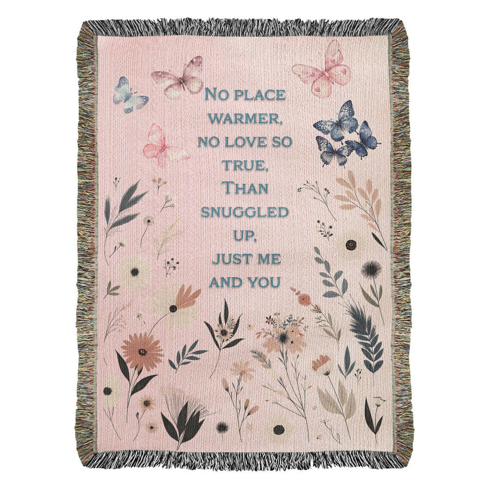 🦋 Family Snuggle Woven Blanket – Heirloom Gift with Touching Poem, Cottage Floral & Butterfly Design
