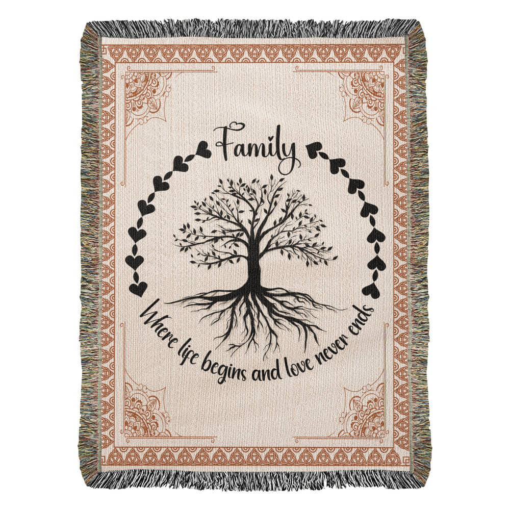 🛋️ Family Roots, Celtic Tree Woven Blanket – "Where Life Begins and Love Never Ends"
