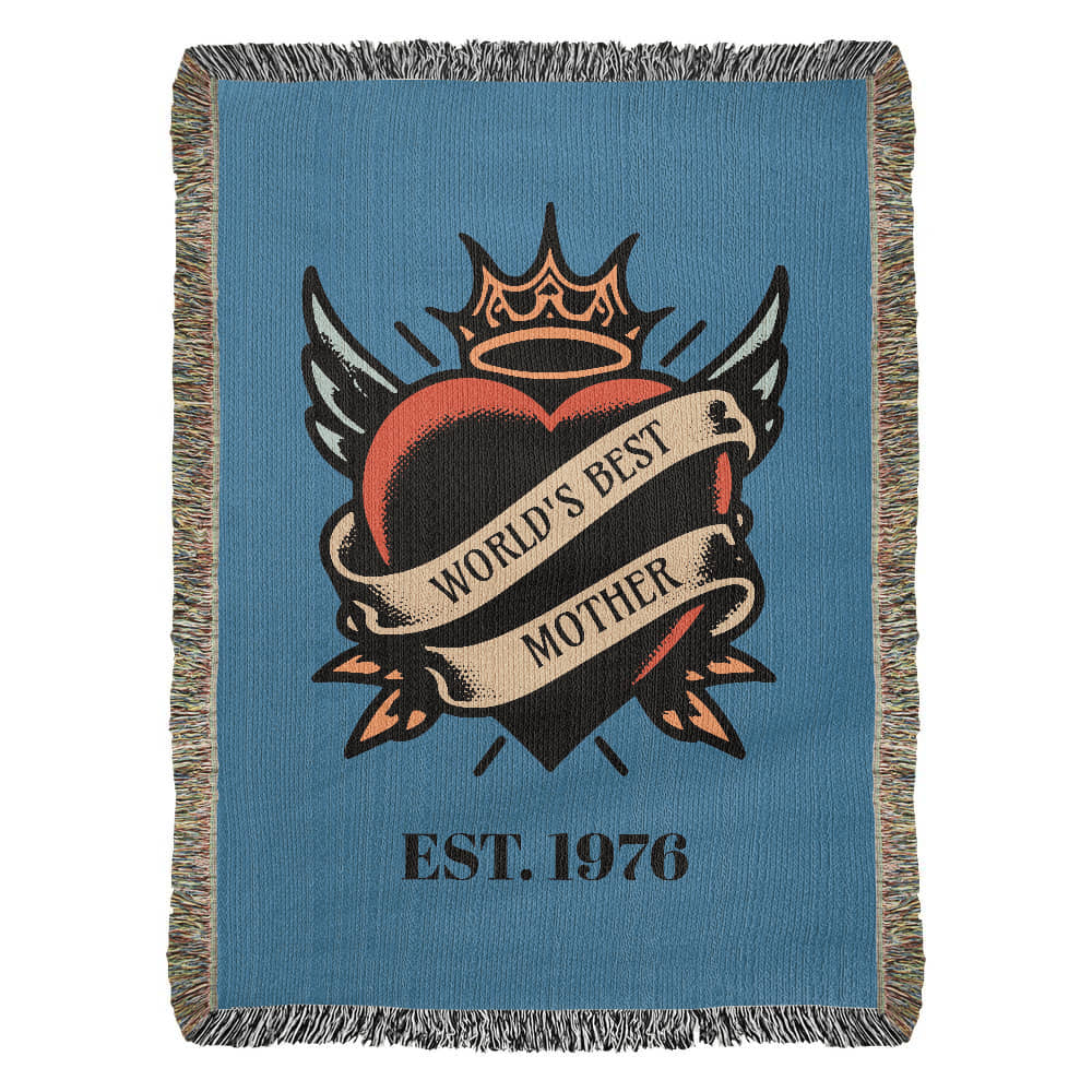 Custom Tattoo-Style Mother’s Day Blanket – “World’s Best Mother” Woven Throw with EST Year